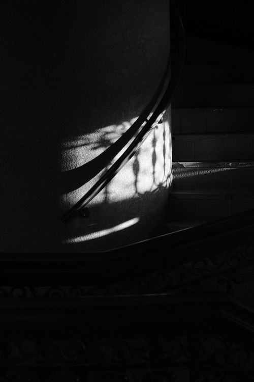 Free Black and white view of shadows on a curved staircase, highlighting architectural details. Stock Photo