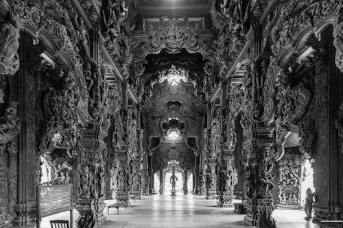 Grayscale Photo of Interior of the Sanctuary of Truth in Pattaya, Thailand