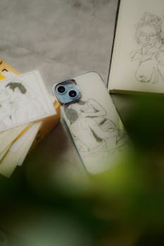 Creative smartphone case featuring artistic hand-drawn sketches, placed on a table with sketchbooks.