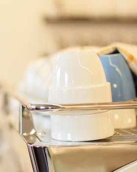 Close-up photo of white coffee cups stacked on a shiny espresso machine.