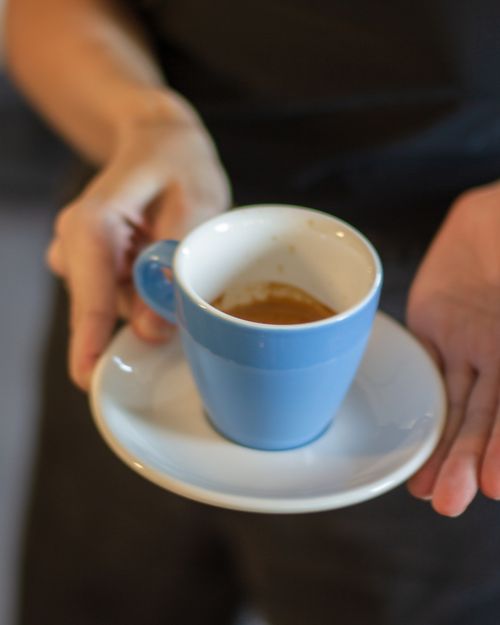 Free Close-up of a barista holding a blue espresso cup on a saucer, showcasing fresh coffee. Stock Photo