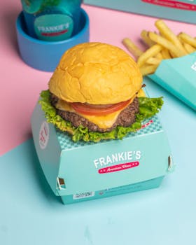Close-up of a juicy cheeseburger with fries on a pastel background, perfect for food photography.
