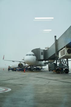 Airplane at Callao airport connected to a jet bridge during foggy day.