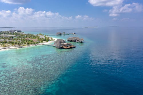 An aerial view of the water and island