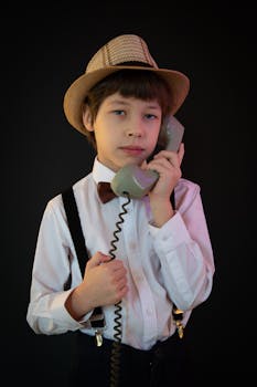 A young boy in vintage outfit with a straw hat holding a retro telephone in a studio setting.