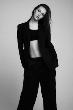 Stylish studio fashion shoot featuring a woman in a black outfit.