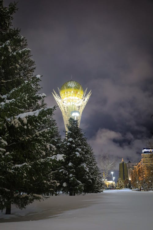 Illuminated Tower in City in Winter at Night