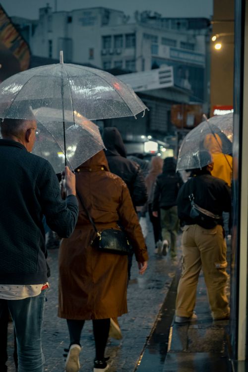 Free People walking with transparent umbrellas on a rainy street, evening ambiance. Stock Photo