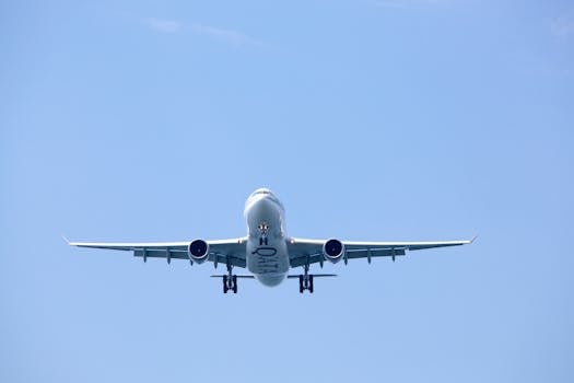 A commercial airplane flies against a clear blue sky, captured in Istanbul, Turkey.