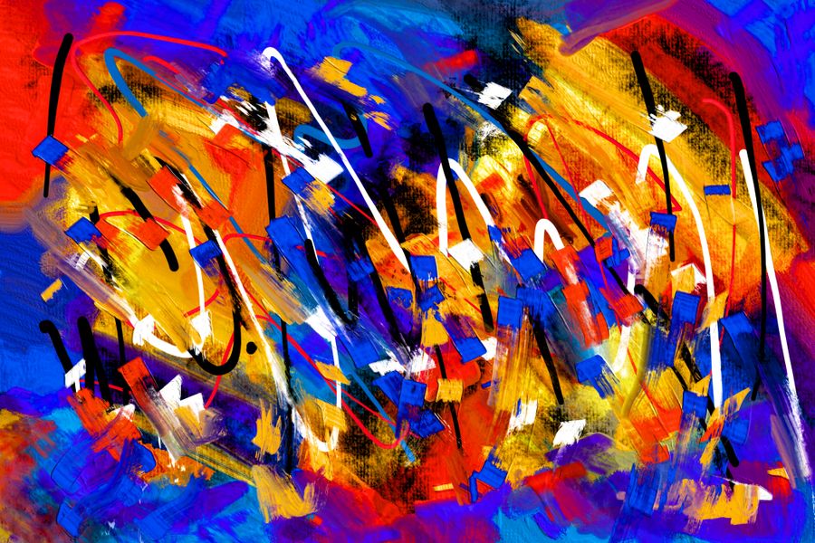 Dynamic abstract acrylic painting with bold colors and energetic patterns.