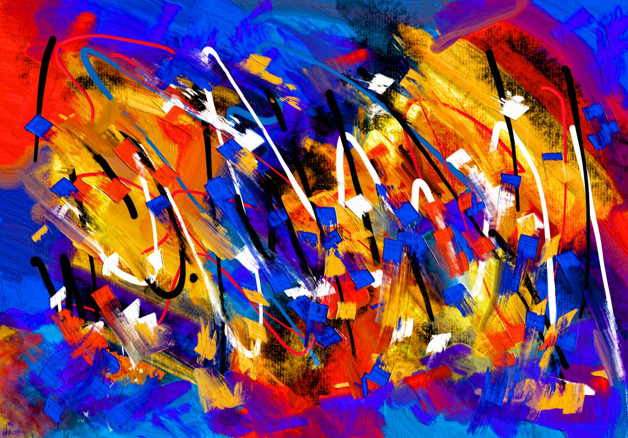 dynamic abstract acrylic painting with bold colors and energetic patte