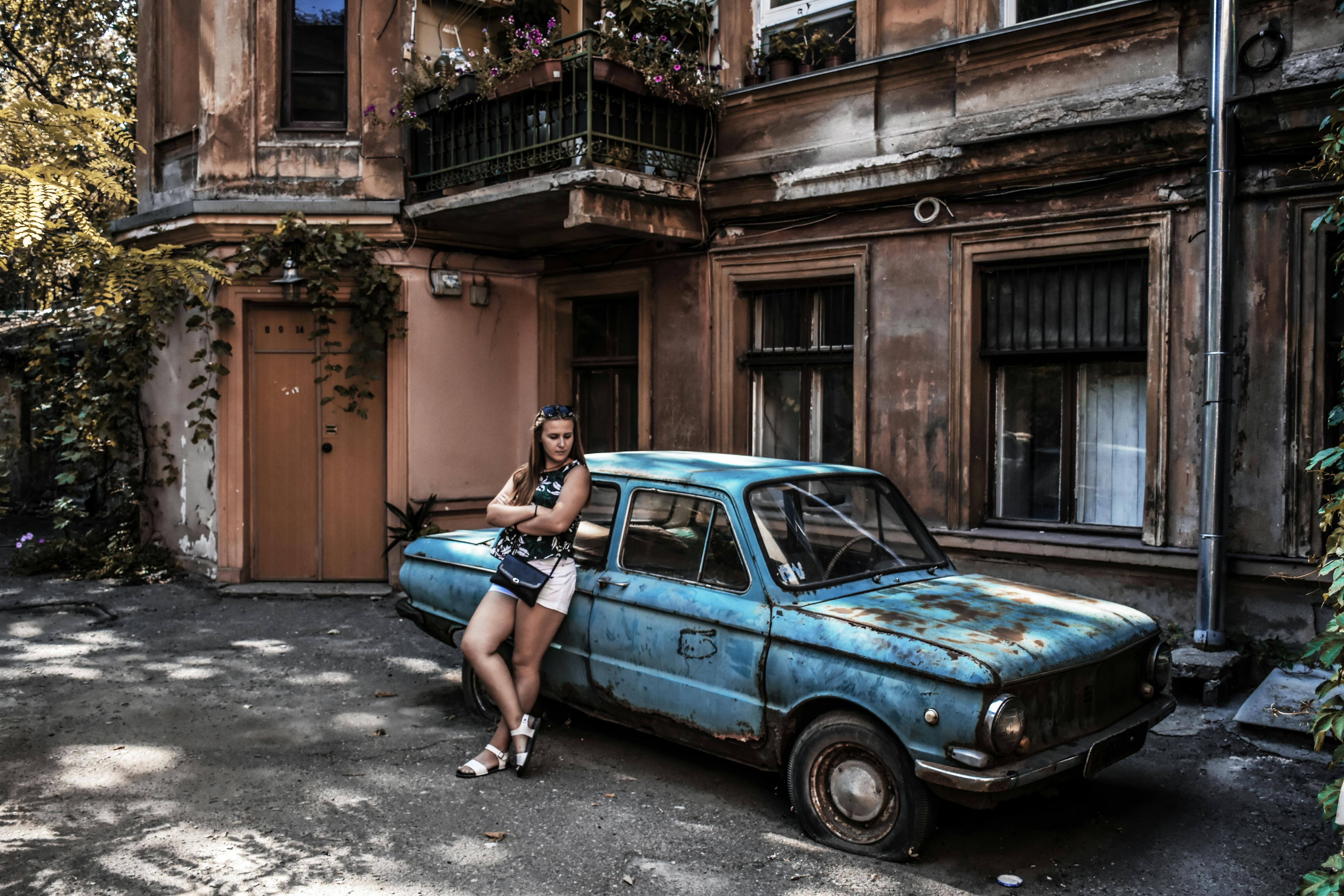Free stock photo of girl, old car, old town