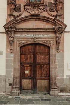 A vintage wooden door with ornate carvings and a Latin inscription in an old architectural setting.