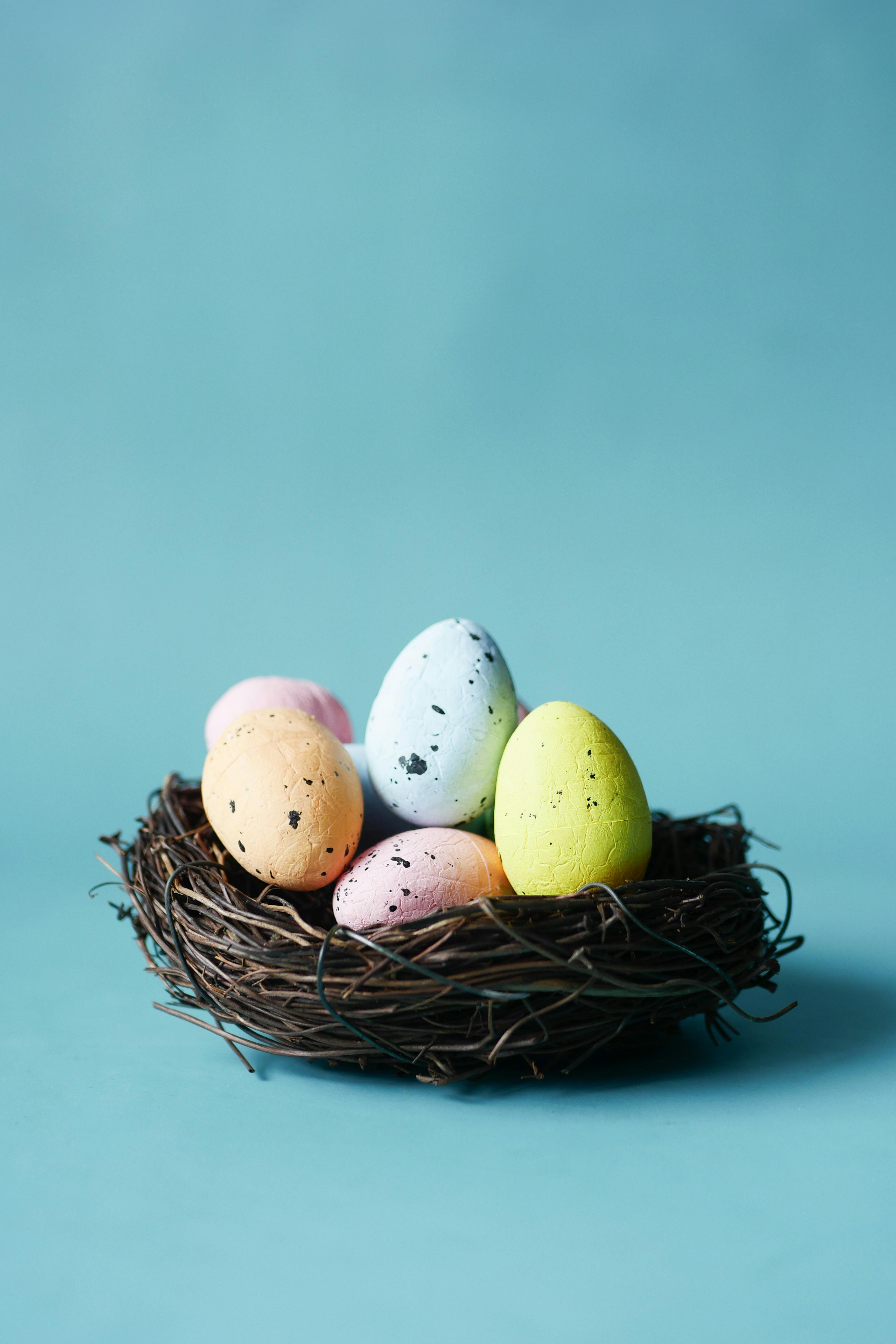 Vibrant Easter eggs arranged in a nest on a light blue background, perfect for spring themes.