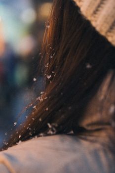 A detailed view of snowflakes resting on hair during a cold winter day.