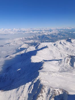 A breathtaking aerial shot of snow-covered peaks in the Himalayan range, showcasing nature's pristine beauty.