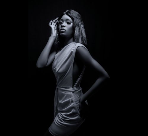 Free Black and white portrait of a stylish woman posing elegantly in a studio setting. Stock Photo