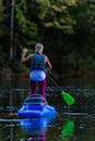 一名妇女穿着救生衣，在绿树环绕的平静湖面上享受站立式皮划艇