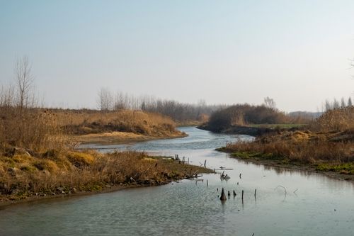 Free Serene river landscape in rural countryside during autumn, showcasing natural beauty and tranquility. Stock Photo