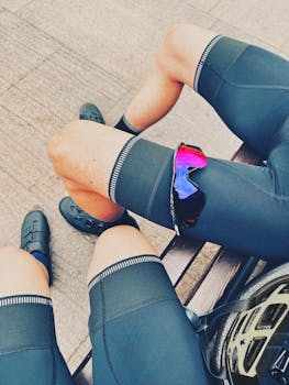 Two cyclists resting on a bench, showcasing sportswear with helmets and sunglasses.