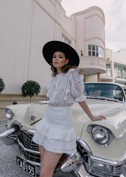Elegant woman in white outfit and black hat leaning against a classic car in a stylish urban location.