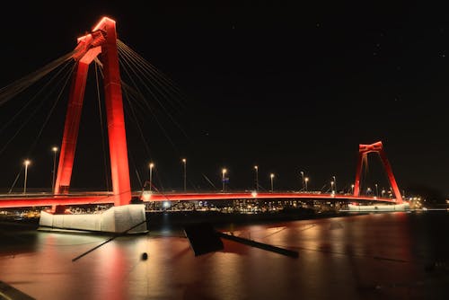 Illuminated Suspension Bridge at Night