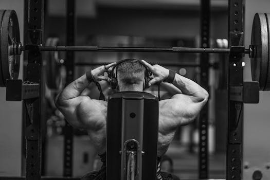 Muscular man lifting weights in a gym setting, showcasing strength and fitness.