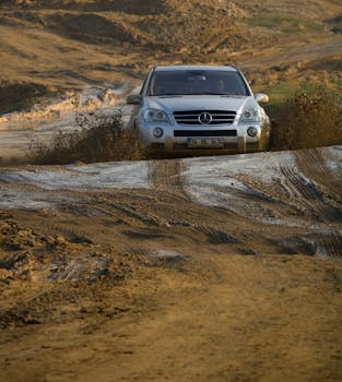 A Mercedes-Benz SUV driving through mud on a dirt road in İstanbul, Türkiye.