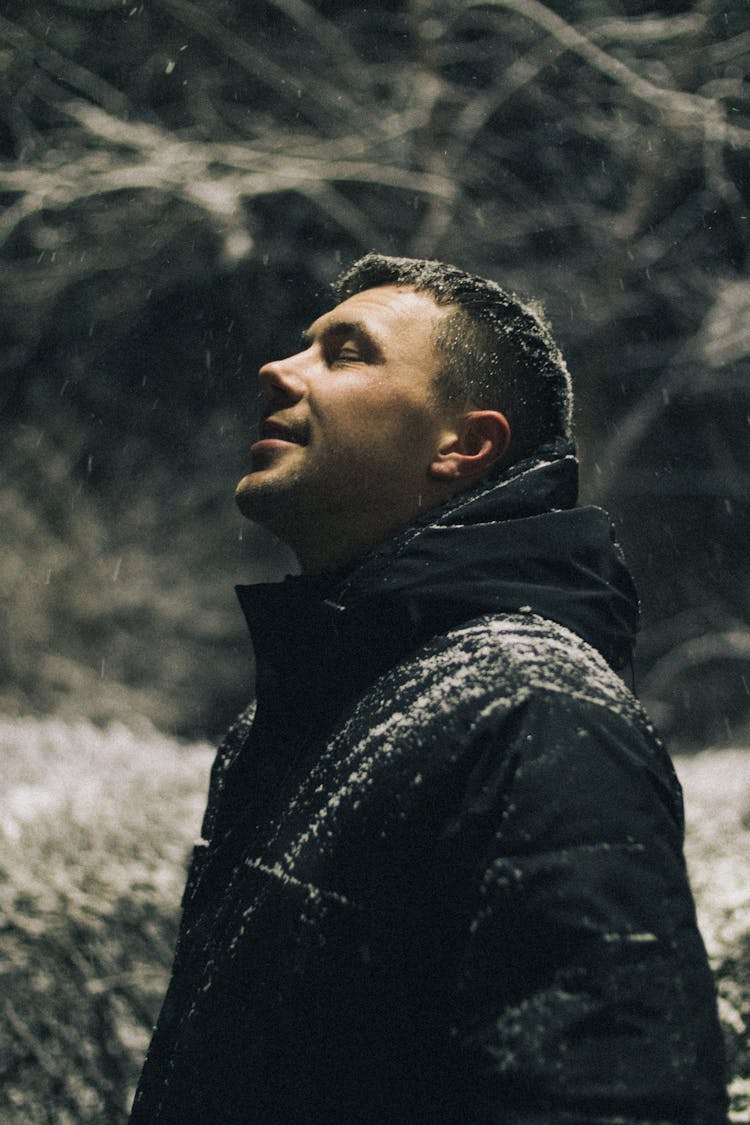 Snow On Man Hair And Jacket