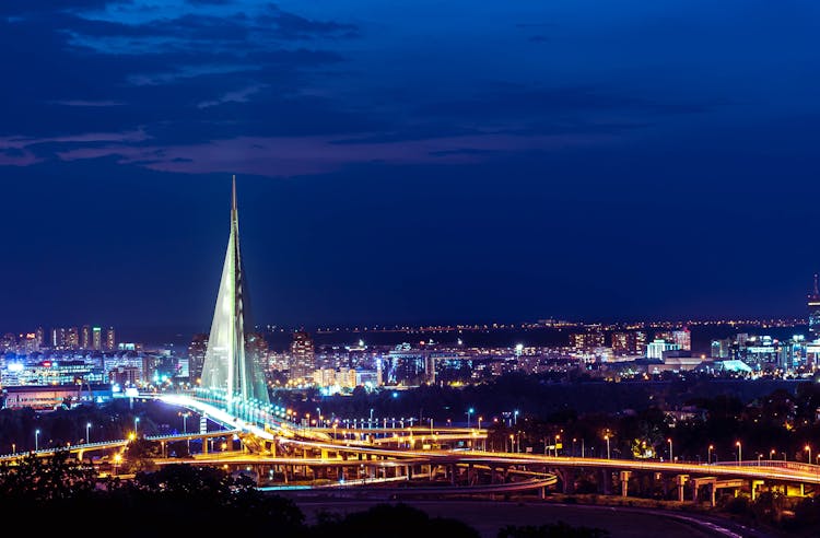 Illuminated Ada Bridge Over Belgrade At Night