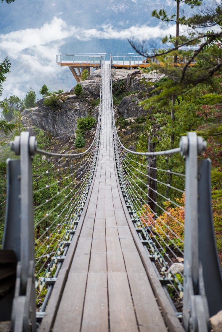 Symmetrical View Of The Sky Pilot Suspension Bridge In Squamish, British Columbia, Canada