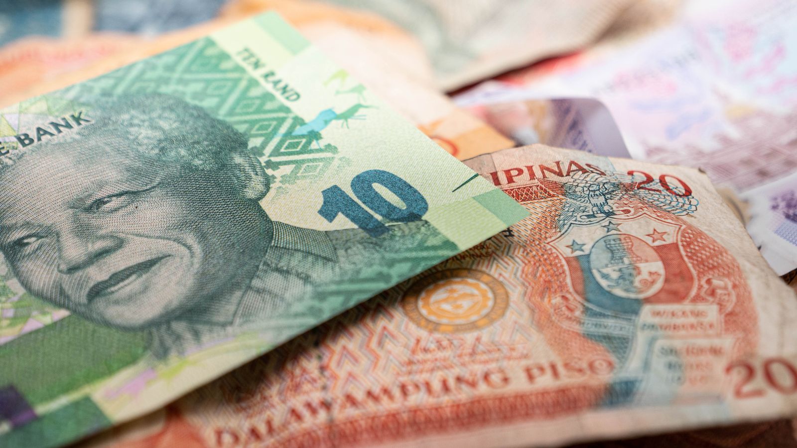 Close-up of South African Rand banknotes