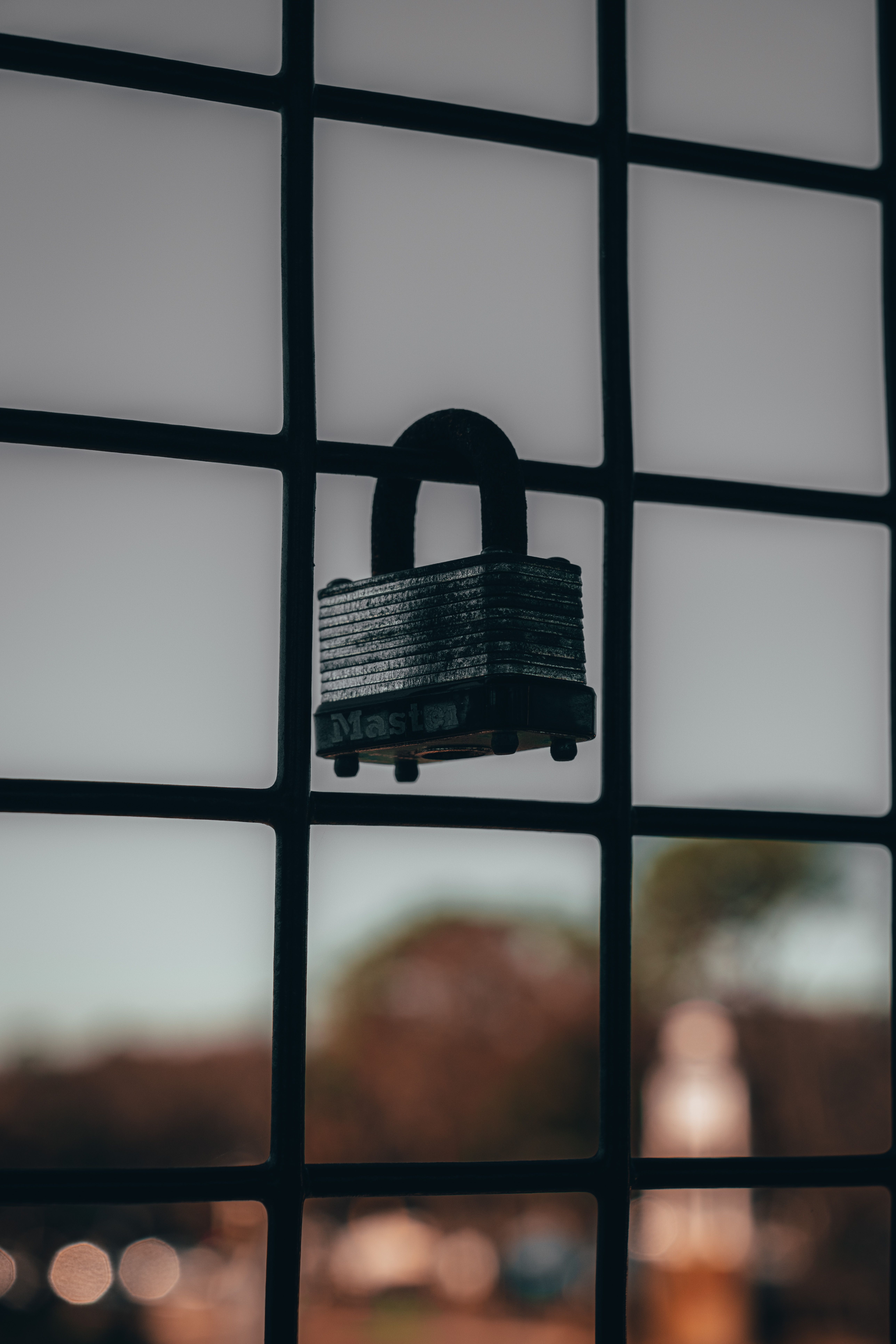 Close-up image of a padlock hanging on a grating fence with a blurred outdoor background.
