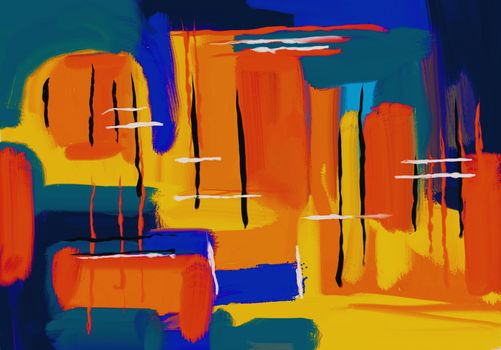 Energetic abstract painting with vibrant orange, blue, and green acrylic strokes.