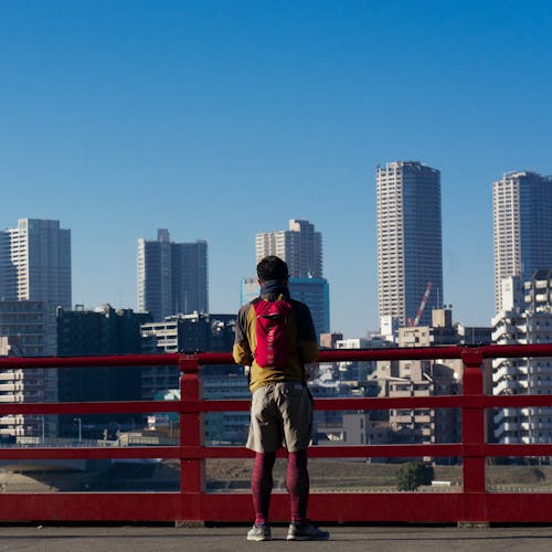 Back View of a Man Looking to the Buildings