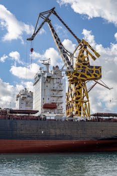 Yellow crane and cargo ship at harbor, sky with clouds, industrial shipping scene.