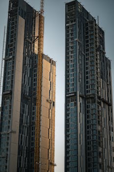 Two high-rise buildings under construction in Kuwait City during daylight