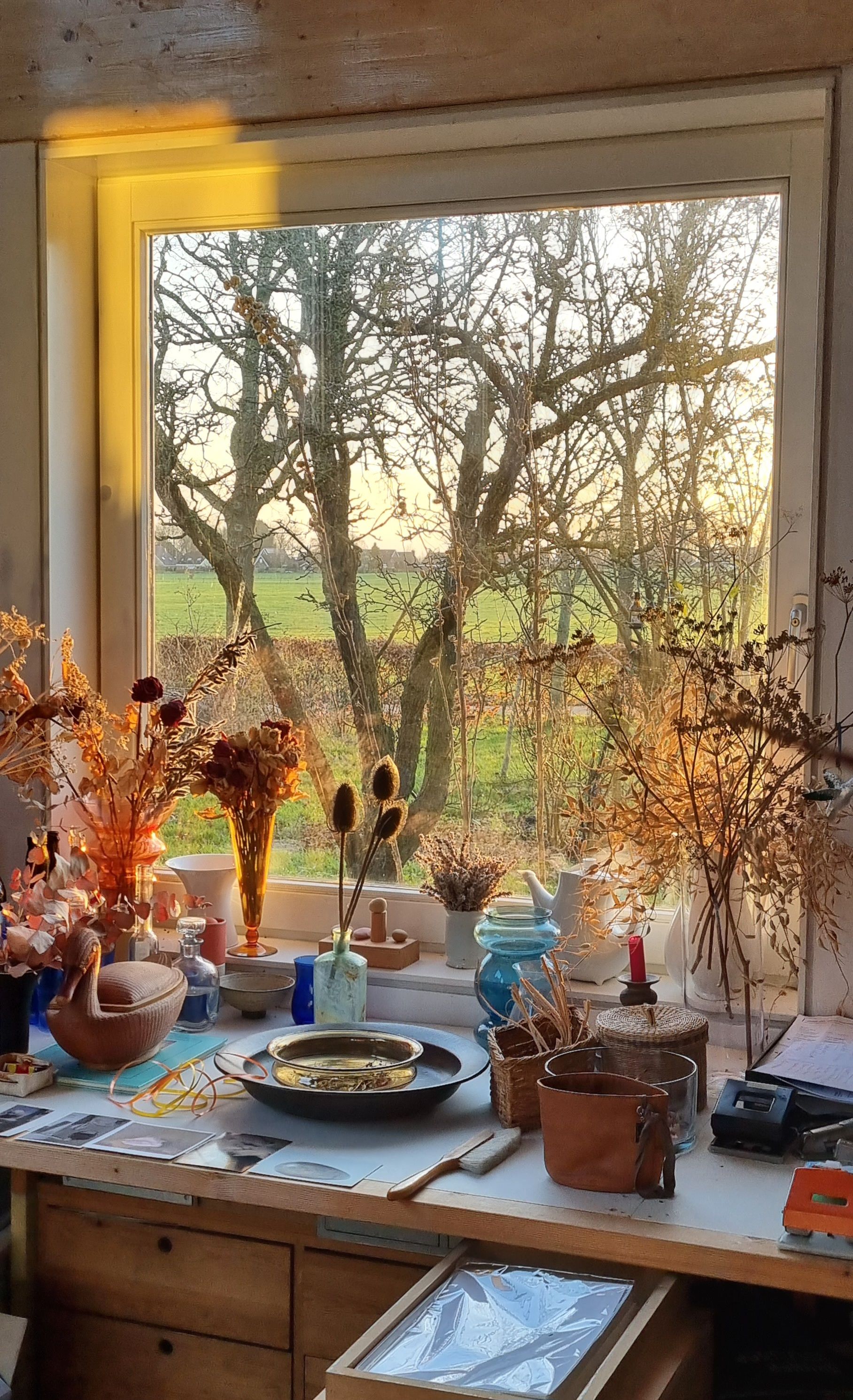 A cozy interior scene with a sunlit window, dried flowers, and kitchen utensils creating a warm atmosphere.