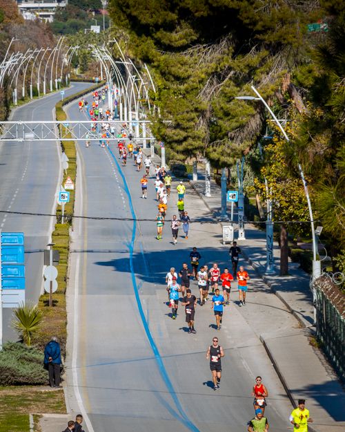 Free Participants running a marathon on a tree-lined road during a bright, sunny day. Ideal for sports and fitness themes. Stock Photo