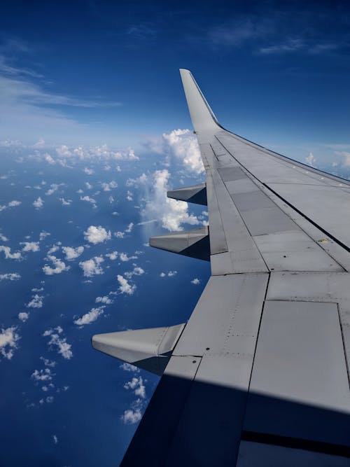 View of Airplane Wing Under Blue Sky