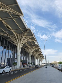 Explore the intricate modern architecture of Medina's airport in Saudi Arabia.