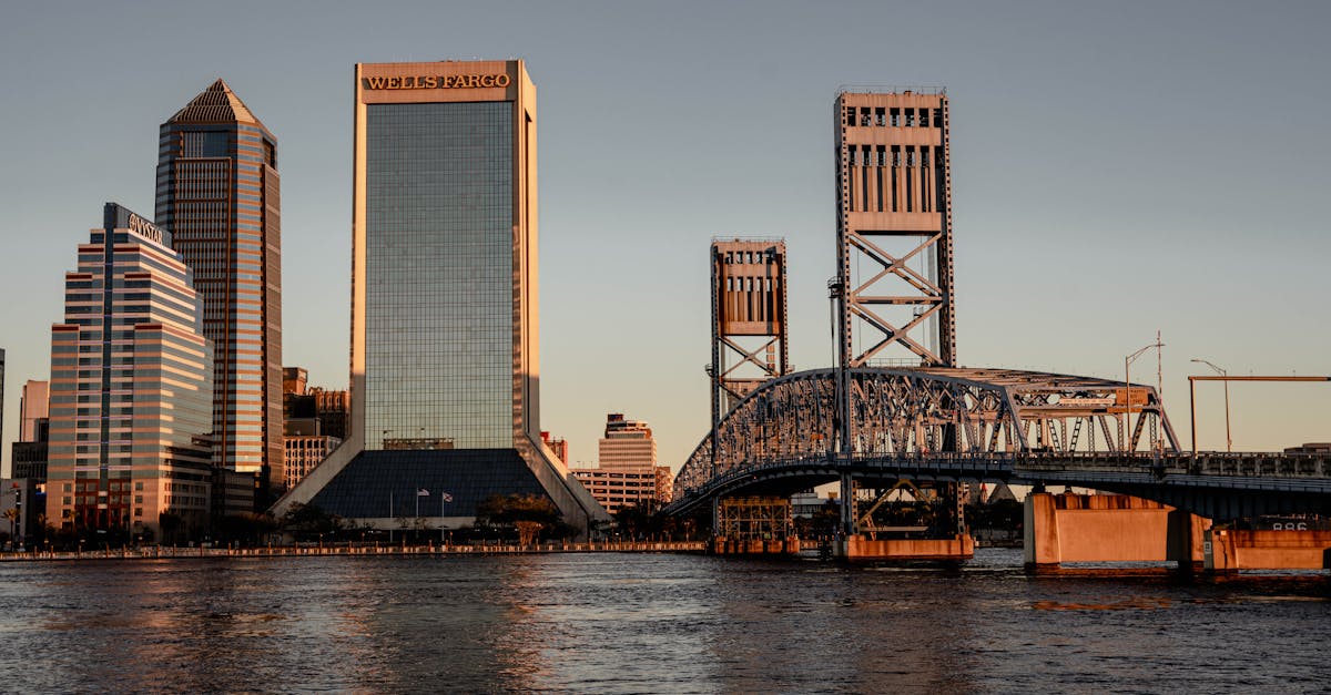 Stunning view of Jacksonville, FL skyline at sunset with iconic bridges and modern skyscrapers reflecting on the water.