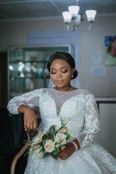 African American bride in elegant lace wedding dress holding bouquet indoors.