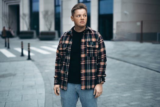 Casual styled man in Minsk cityscape, wearing a plaid shirt outdoors.