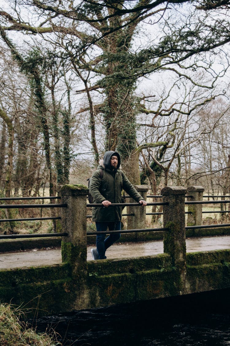 Man On Old Bridge In Park