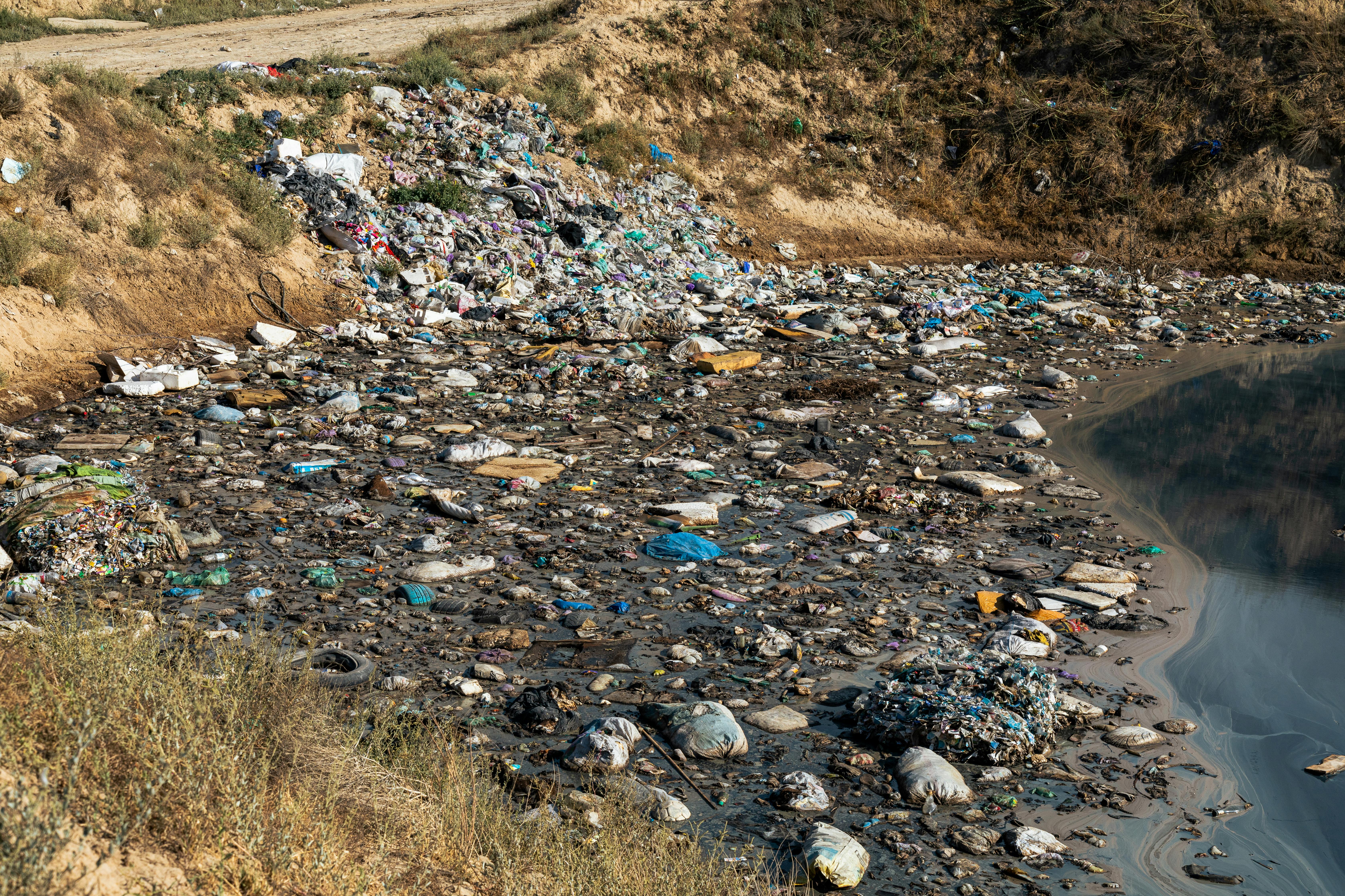 Plastic waste and debris polluting a riverbank, highlighting environmental challenges.