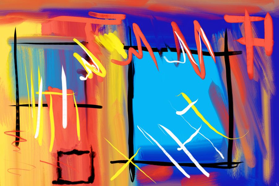 Dynamic abstract painting featuring bold colors and expressive brushstrokes, perfect for modern art lovers.