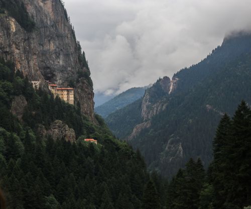 Free Breathtaking view of Sumela Monastery nestled on a steep cliff in Turkey's Pontic Mountains. Stock Photo
