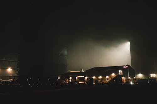 Spacex starbase rocket facility on a foggy night