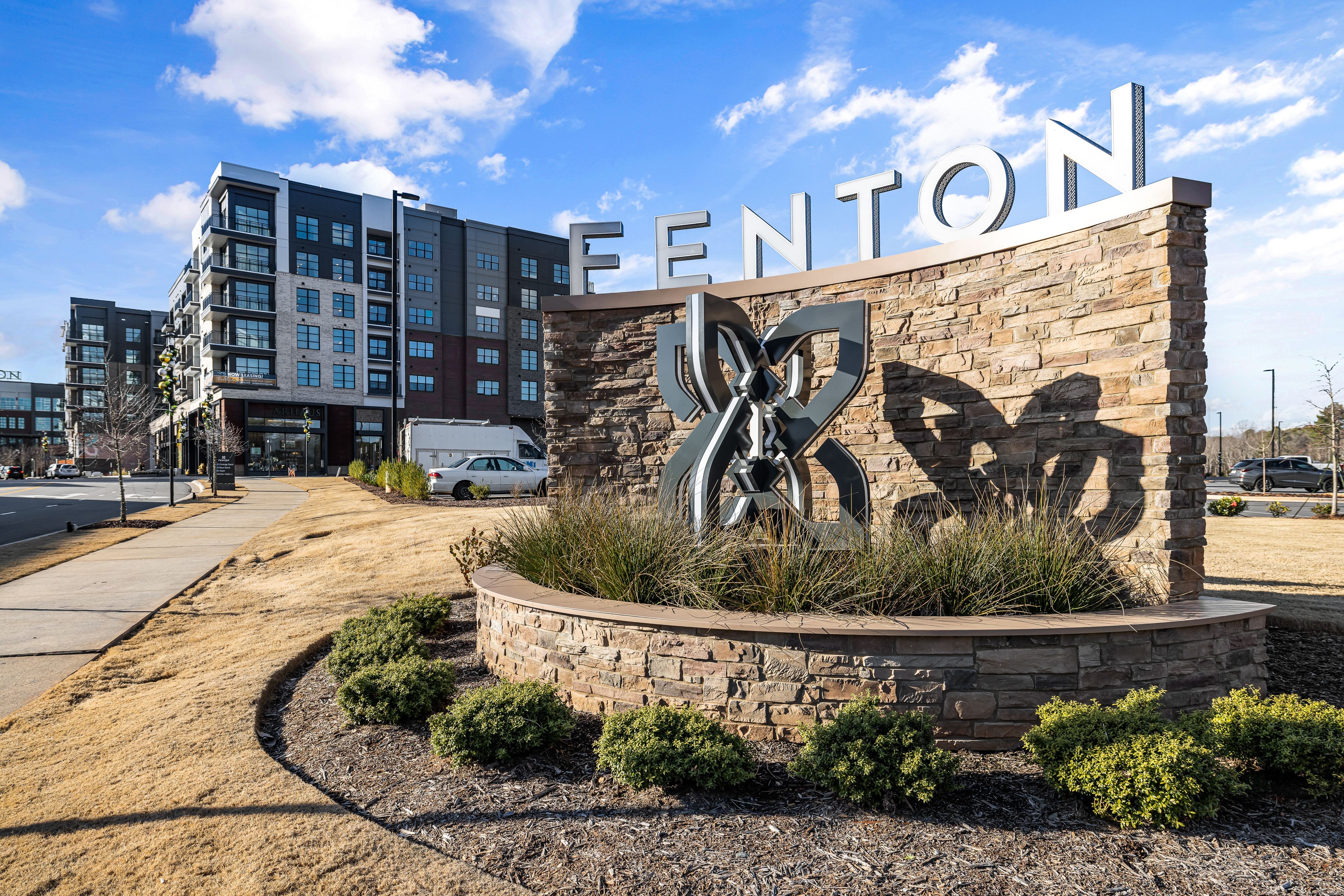 Cary: Fenton entrance sign and apartments in Cary